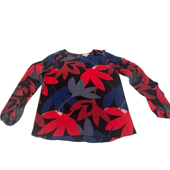 LOFT Bold Floral Ruffle Sleeve Keyhole Back Elasticized Cuffs Business Casual S - Picture 7 of 14